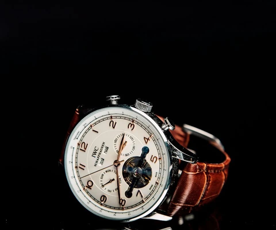 A mechanical watch with a leather strap